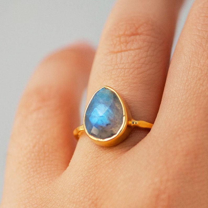Pear Labradorite Ring, Solitaire Ring, Gemstone Ring, Teardrop Ring, Celestial Jewelry, Aurora Borealis, Stone Gift, Flashy Gemstone image 1