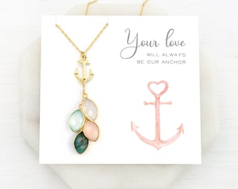 Nautical Cluster of Kids Birthstone with Anchor Charm Necklace on a Personalized Message Card Thats Ready to Gift, Gift for a Mother of 4