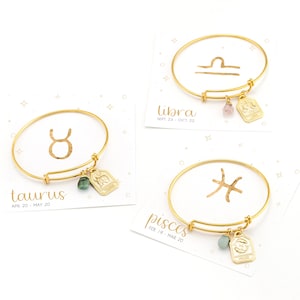 Zodiac Charm Bangle Bracelet, Rough Raw Crystal Constellation Birthstone Bracelet, Pisces Bracelet, Birthday Gift for Her