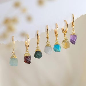 Raw Crystal Huggies Hoops Gold, Crystal Hoop Earrings, Birthstone Huggies, Charm Earrings, Tiny Dainty Small Hoops, Minimalist earrings image 16
