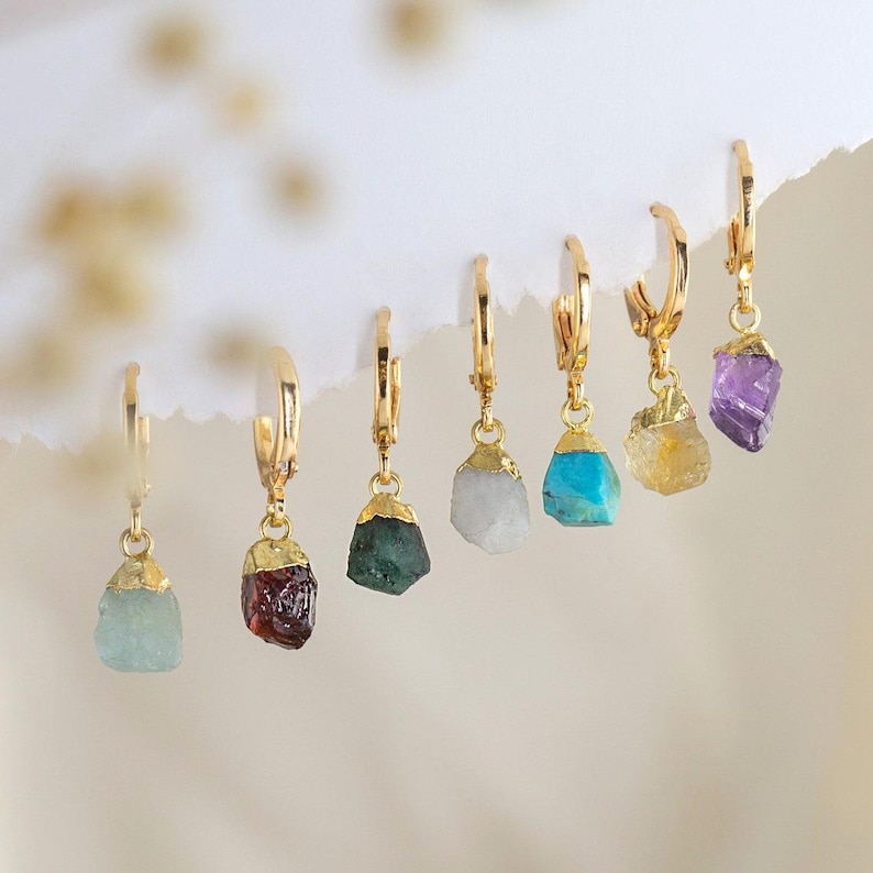 Raw Crystal Huggies Hoops Gold, Crystal Hoop Earrings, Birthstone Huggies, Charm Earrings, Tiny Dainty Small Hoops, Minimalist earrings image 16