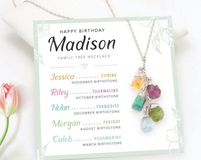 Silver Raw Crystal Dainty Birthstone Necklace for Grandma, Personalized Birthday Card with Kid's Names Meaningful Family Jewelry Gift