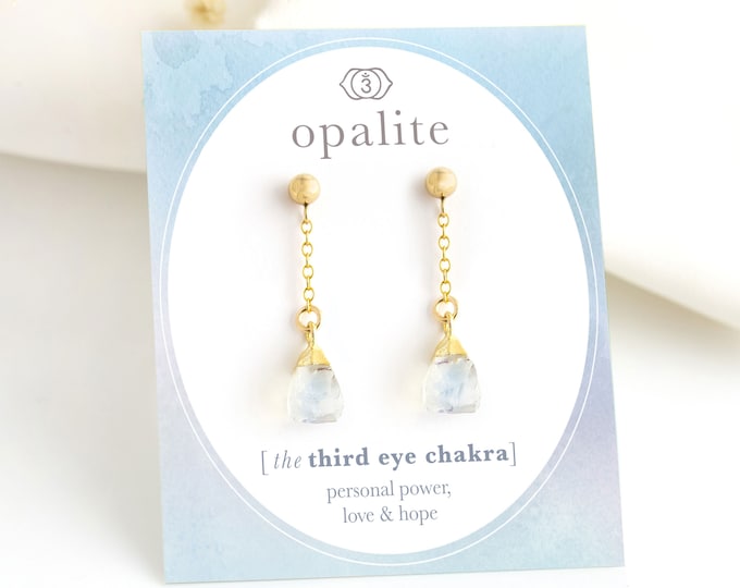 Opalite Crystal Drop Studs, October Birthstone Earrings Gold Filled, Raw Opal Gemstone Dangle Stud, Stud Charm Everyday Jewelry, Birthday