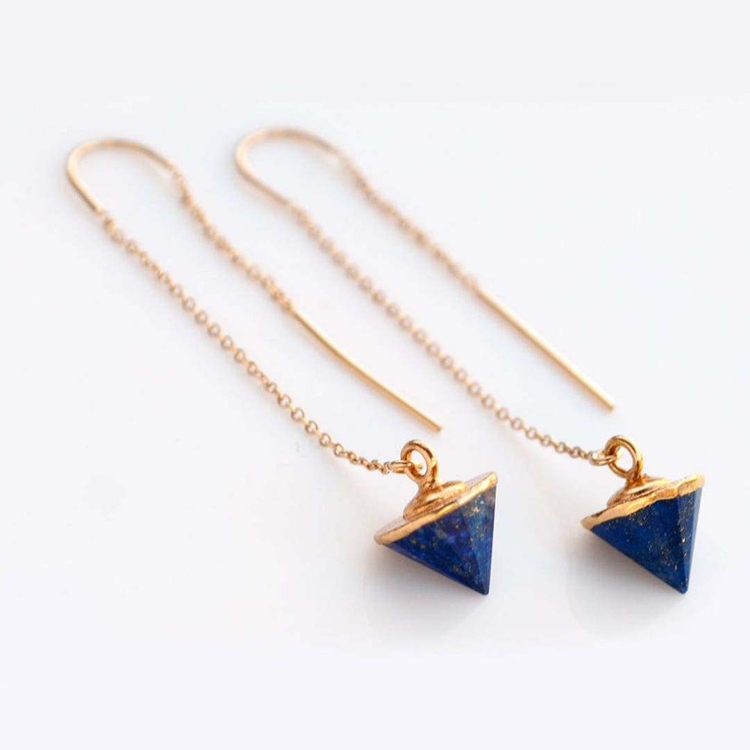 Lapis Lazuli Earrings, 14k Gold Filled Threader Earrings, Spike Earrings,  Minimalist Jewelry, Long Gold Dangle Earring, Gold Earrings, TH-C 