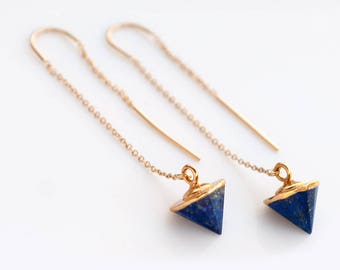 Lapis Lazuli Earrings, 14k Gold Filled Threader Earrings, Spike Earrings, Minimalist Jewelry, Long Gold Dangle Earring, Gold Earrings, TH-C