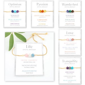 May include: Several crystal bracelets with gold chains are presented on white cards. The cards display words such as "Optimism," "Passion," and "Wanderlust," alongside the crystal names and their meanings. The bracelets are adjustable.