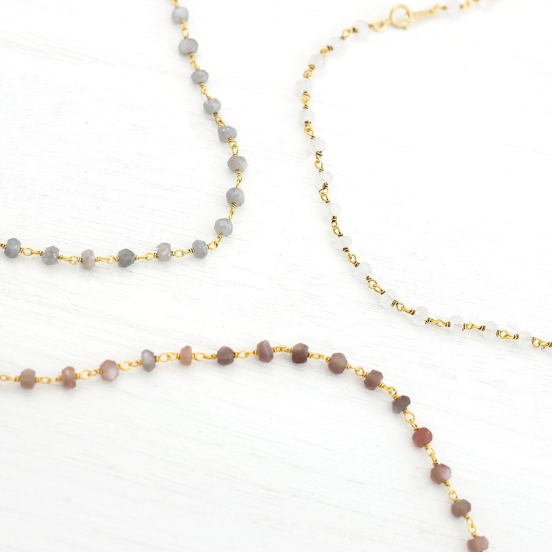 Layering Necklace Everyday Moonstone Rosary Necklace Beaded Chain Necklace Wire Wrapped Moonstone Long Simple Necklace Gemstone Choker