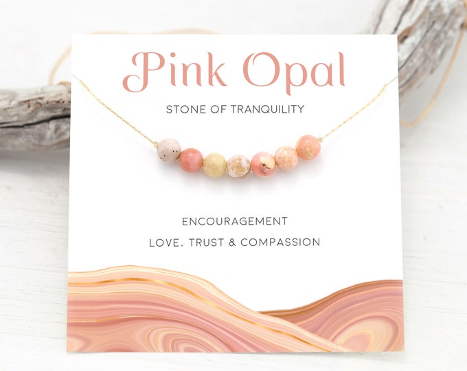 Beaded Pink Opal Necklace, Natural Opal Bar Gold Filled Chain, October Birthstone Gift, Peace & Tranquility  Gemstone Layering Choker