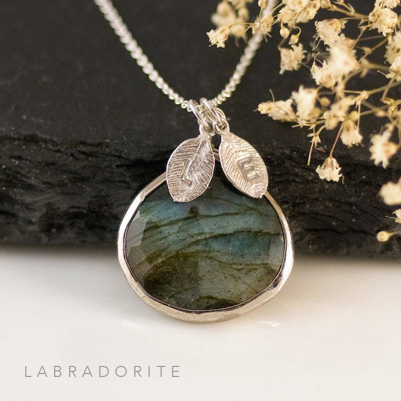 Natural Labradorite Necklace Gold, Personalized Initial Necklace, Rainbow Gemstone, Statement Jewelry, Stamped Necklace, Gift Ideas, NK-20 image 8