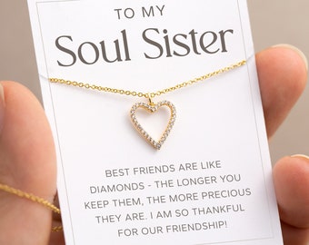 Soul Sister Necklace Gift, Sorority Gift, CZ Diamond Heart Dainty Minimalist Necklace for Her, 14k Gold Filled Friendship Birthday Gift