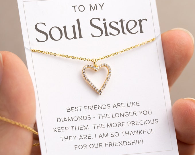 Soul Sister Necklace Gift, Sorority Gift, CZ Diamond Heart Dainty Minimalist Necklace for Her, 14k Gold Filled Friendship Birthday Gift
