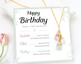 Personalized Birthday Card, Raw Crystal Birthstone Necklace for Mom, Special Meaningful Gift from Daughter, Family Tree Jewelry Necklace