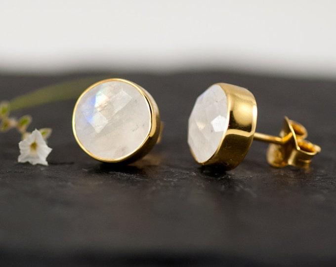 Rainbow Moonstone Stud Earrings - June Birthstone Earrings - Gemstone Studs - Round Studs - Gold Stud Earrings - Post Earrings