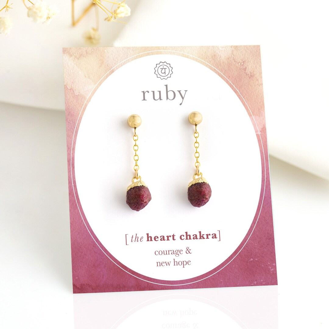 Raw Ruby Dangle Studs, Natural Ruby Crystal Post Drop Earrings, Unique ...