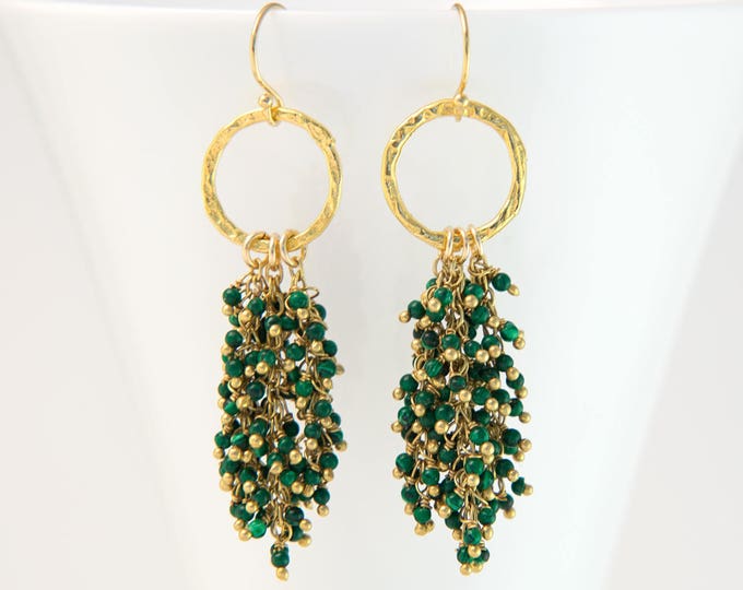 Beaded Malachite Fringe Earrings, Green Tassel Earrings, Gemstone Cluster Earrings, Bauble Earrings, Statement Jewelry, Boho Trends, Gift
