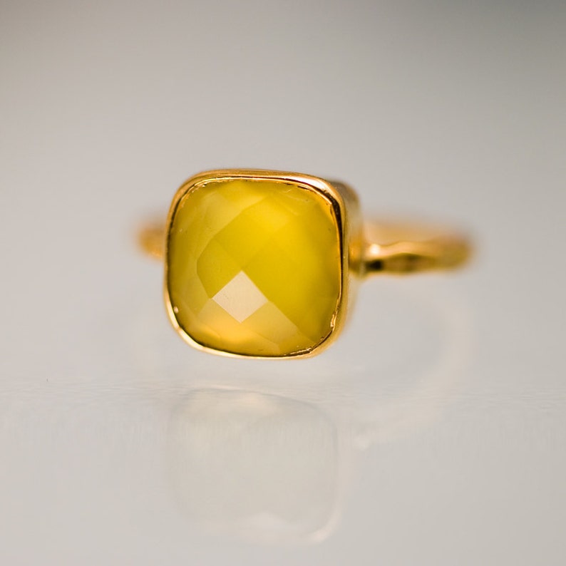 Yellow Crystal Solitaire Ring, Summer Jewelry, Yellow Chalcedony Ring Gemstone Ring Stacking Ring Gold Plated Cushion Cut Ring image 1