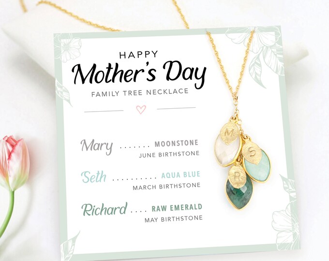 Personalized Mothers Day Gift Necklace Card, Custom Greeting Card for Mom, Necklace on Card, Family Tree Necklace with Birthstone for Mom