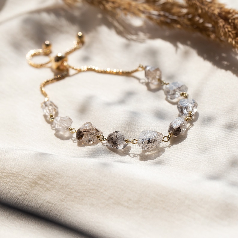 Raw Diamond Bracelet, Herkimer Diamond Beaded Bracelet Adjustable, Raw Crystal Stacking Chain Bolo Bracelet, Minimalist Bridal Jewelry Gift image 1
