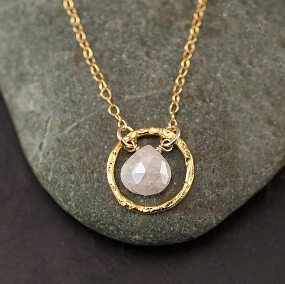 Dainty Silverite Stone Necklace, White and Gold, Minimal Circle ...