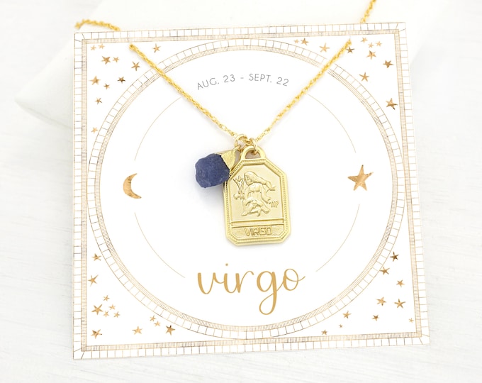 Zodiac Gift for Daughter, Horoscope Virgo Charm Necklace, Celestial Raw Rough Blue Sapphire Crystal Astrology Birthstone Pendant