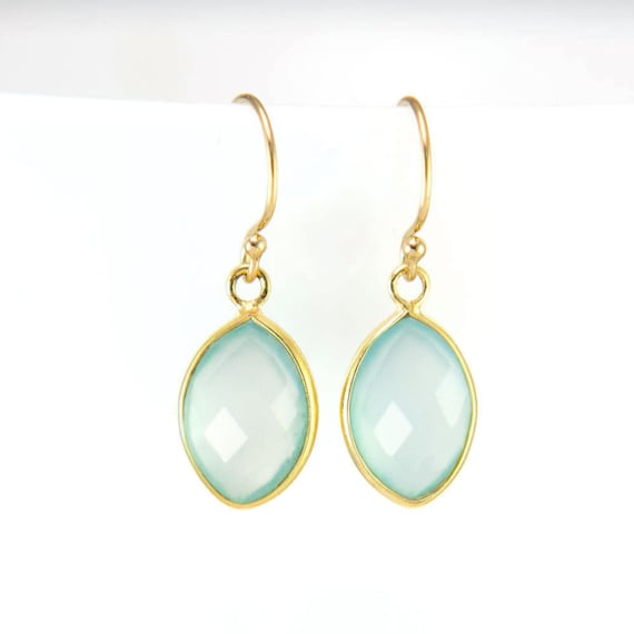 Minimalist Aqua blue chalcedony earrings. Natural blue chalcedony earrings Dainty delicate gold drop Dangle Birthday Gift for Mother day
