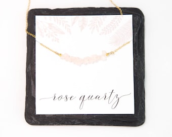 Dainty Rose Quartz Bar Necklace, Raw Love Crystal Gift, Gemstone Bar Beaded Choker, Gold Silver Rose Layering Chain, Bridal Wedding Jewelry