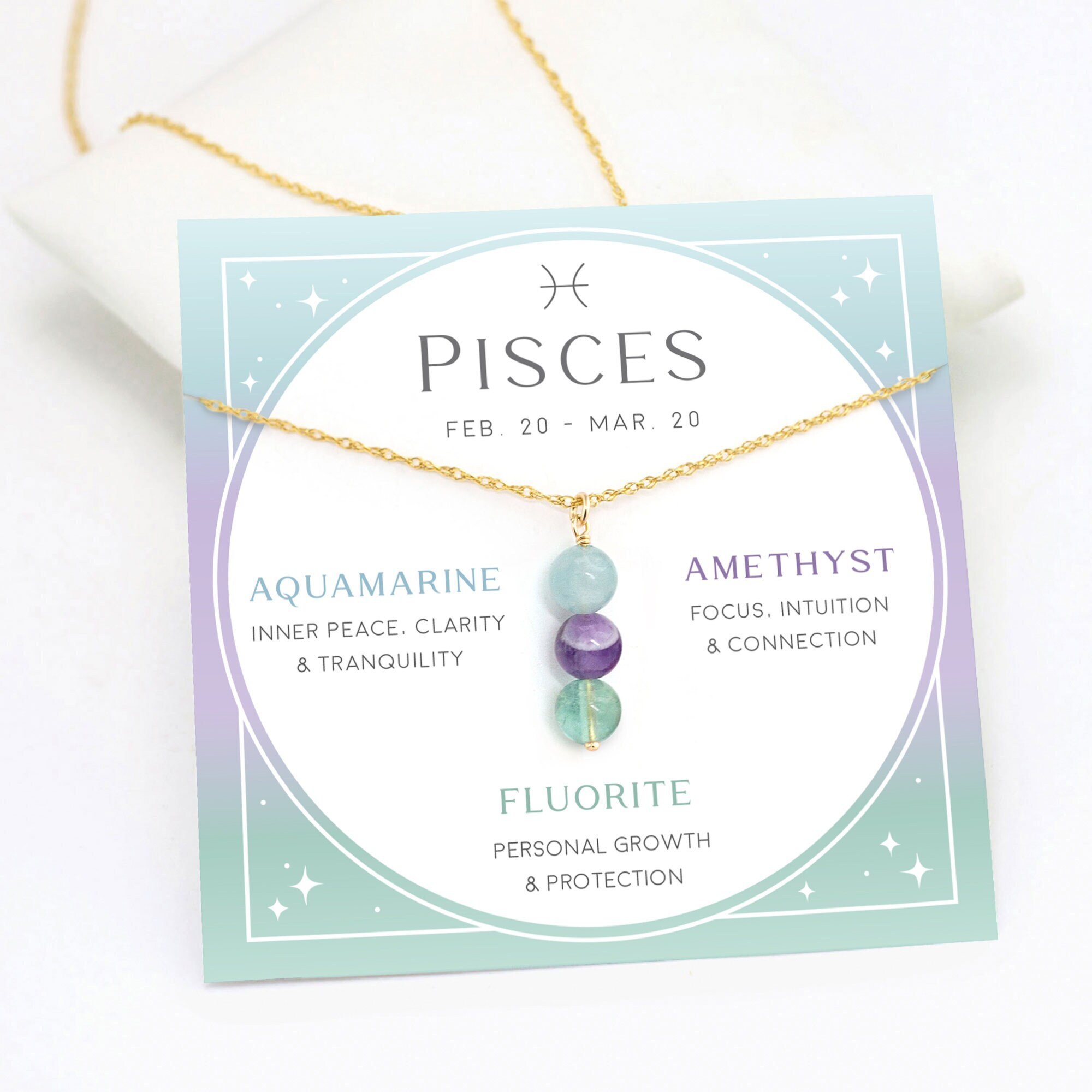 Pisces Crystal Necklace Zodiac Sign Necklace Gift Custom Beaded Crystal Set Handmade Pendant March Birthday Gift Aquamarine Amethyst