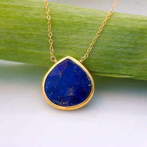 Navy Blue Lapis Necklace, Bezel Gemstone Pendant Gold, Something Blue September Birthstone Gift, Wire Wrapped Layering Necklace Dainty Chain image 1