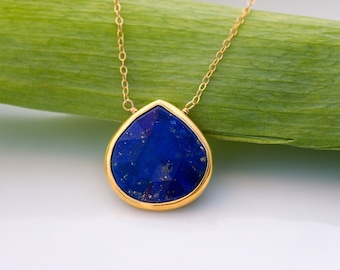 Navy Blue Lapis Necklace, Bezel Gemstone Pendant Gold, Something Blue September Birthstone Gift, Wire Wrapped Layering Necklace Dainty Chain