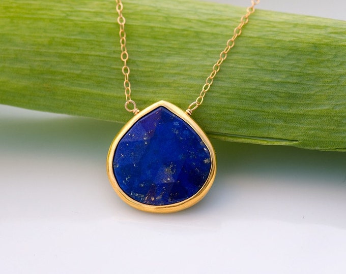 Navy Blue Lapis Necklace, Bezel Gemstone Pendant Gold, Something Blue September Birthstone Gift, Wire Wrapped Layering Necklace Dainty Chain