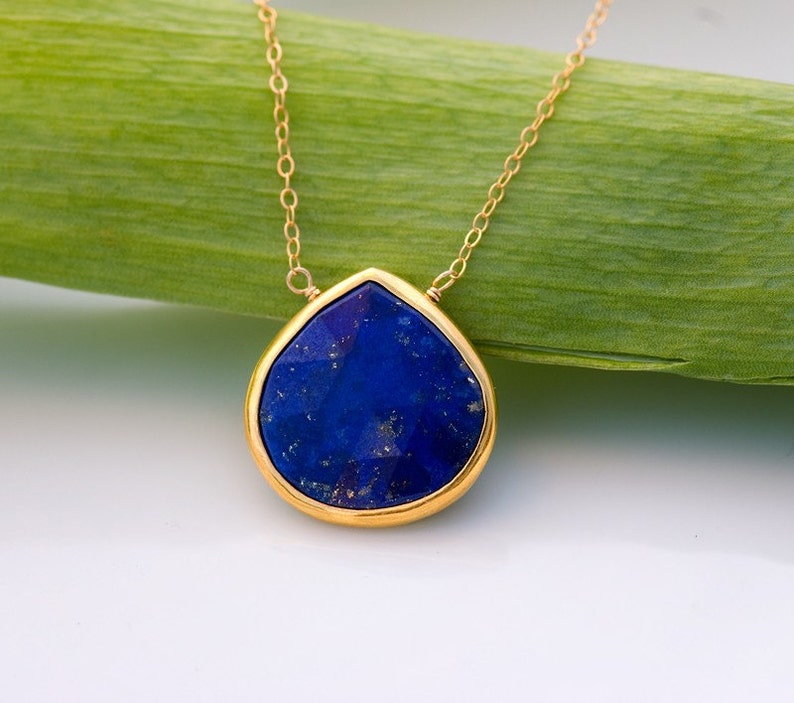 Navy Blue Lapis Necklace, Bezel Gemstone Pendant Gold, Something Blue September Birthstone Gift, Wire Wrapped Layering Necklace Dainty Chain image 1