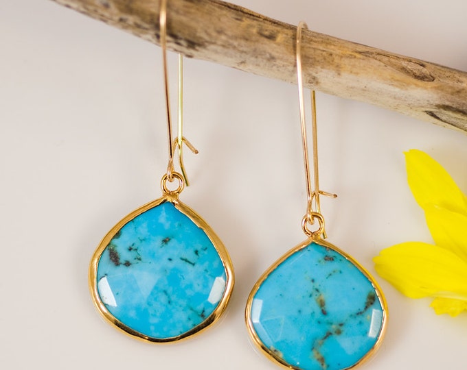 Turquoise Earrings - Long Dangle Drop Earrings - Bezel Set Earrings - Large Gemstone Earrings - Gold Earrings