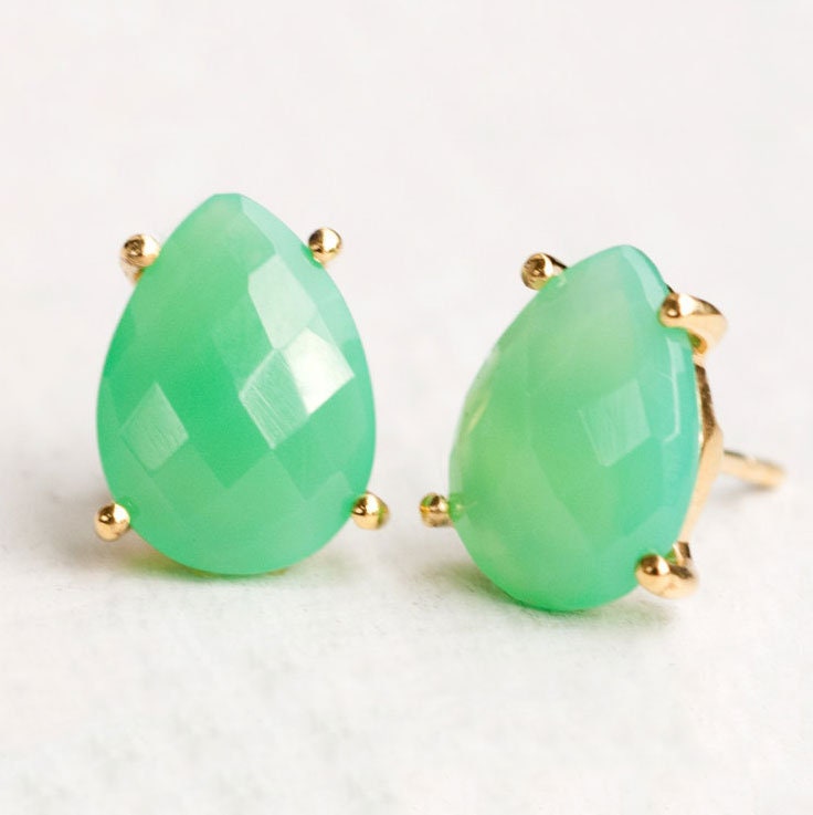 Chrysoprase Studs, Mint Green Stone Earrings, Prong Set Stone, Gold ...