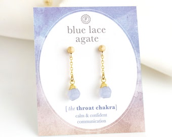 Raw Blue Lace Agate Dangle Earrings, Chalcedony Gemstone Dangle Post Earrings, Everyday Chain Drop Studs Gold, Something Blue Gift