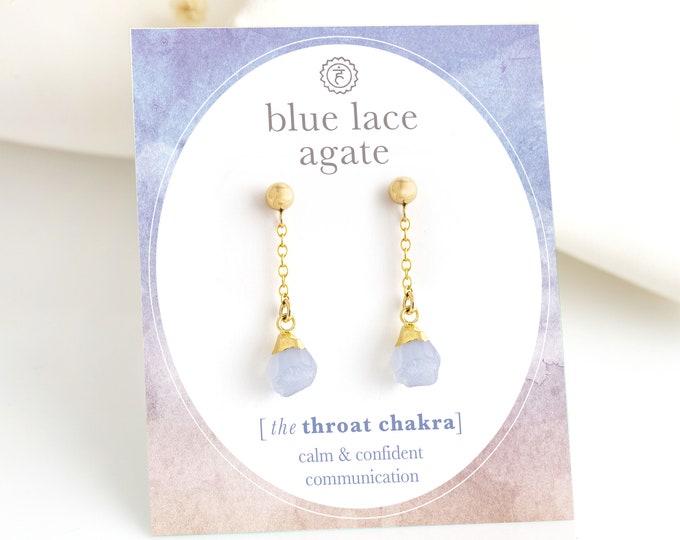 Raw Blue Lace Agate Dangle Earrings, Chalcedony Gemstone Dangle Post Earrings, Everyday Chain Drop Studs Gold, Something Blue Gift