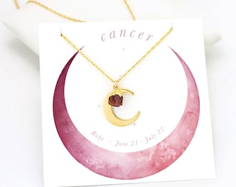 Collier signe astrologique Cancer, petit collier en cristal brut, rubis naturel, collier constellation, cadeau meilleur ami, collier astrologie