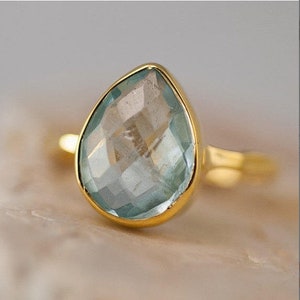 Aquamarine ring Gold March Birthstone Ring Solitaire Stone Ring Stacking Ring Gold Vermeil Ring Tear Drop Ring image 1