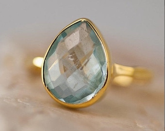 Aquamarine ring Gold - March Birthstone Ring - Solitaire Stone Ring - Stacking Ring - Gold Vermeil Ring - Tear Drop Ring