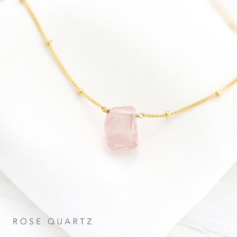 Dainty Stone Pendant Necklace, Simple Genuine Gemstone Necklace, Satellite Chain Choker, Real Birthstone Charm Jewelry, Birthday Gift Women Rose quartz