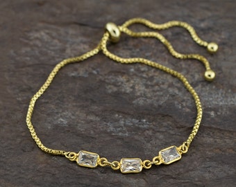 Dainty CZ Gold Stacking Bracelet, Adjustable Bolo Bracelet with Tiny Crystals, Minimalist Bridesmaid Jewelry Gift, Cubic Zirconia Stacking