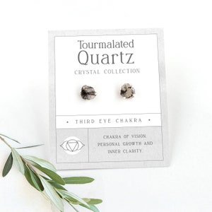 Dainty Black and White Raw Tourmalated Quartz Stud Earrings in 925 Sterling Silver Claw Prong Setting, Salt and Pepper Crystal Tiny Earrings