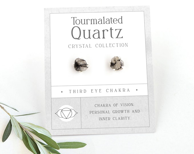 Dainty Black and White Raw Tourmalated Quartz Stud Earrings in 925 Sterling Silver Claw Prong Setting, Salt and Pepper Crystal Tiny Earrings