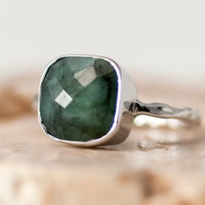 Raw Emerald Ring Sterling Silver, May Birthstone Ring, Gemstone Ring, Green Stone Ring, Stacking Ring, Cushion Cut Statement Ring