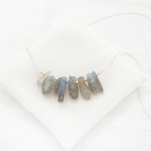 May include: A silver chain necklace with a cluster of raw labradorite stones hanging from it. The stones are a mix of gray and blue with iridescent flashes.