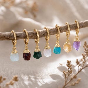 Gold Birthstone Hoop Earrings, Dainty Raw Cut Gemstone Drops, Personalized Gift for Her