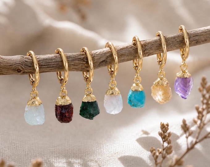 Gold Birthstone Hoop Earrings, Dainty Raw Cut Gemstone Drops, Personalized Gift for Her