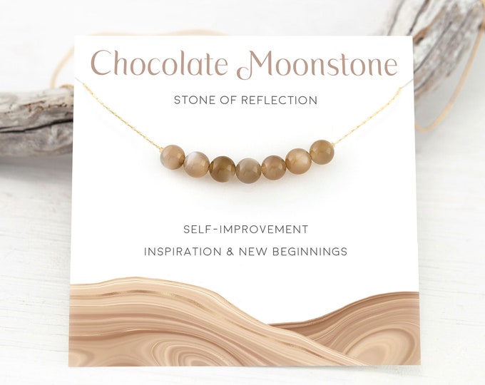 Beaded Brown Moonstone Necklace, Minimalist Gemstone Choker, Chocolate Moonstone June Birthstone Gift, Simple Stone Jewelry,  Crystal