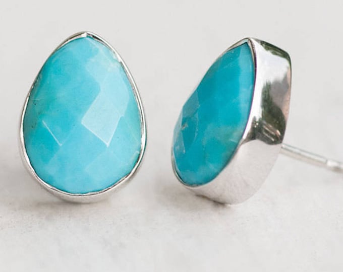 Blue Turquoise Studs - Post Earrings - Gemstone Studs - December Birthstone Studs - Tear Drop Studs - Silver Studs