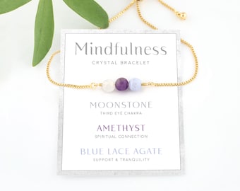 Mindfulness Bracelet Gift, Meditation Crystal Set, Beaded Moonstone Amethyst Blue Lace Agate Genuine Gemstone Stack Bracelet Gift for Teen