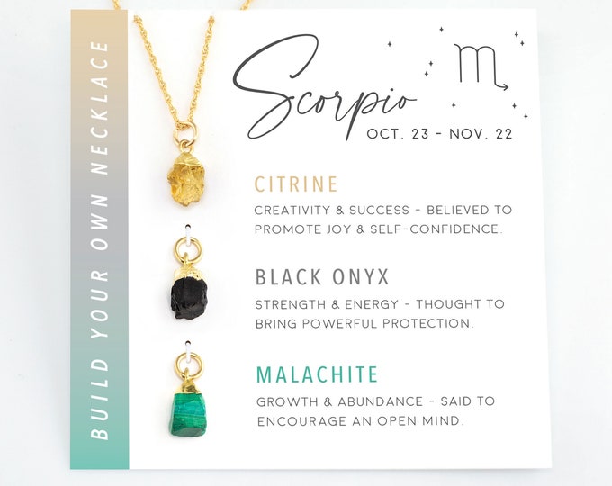 Scorpio Zodiac Raw Crystal Necklace, Personalized Zodiac Healing Gemstone November Birthday Gift, Healing Crystal Kit, Malachite, Citrine